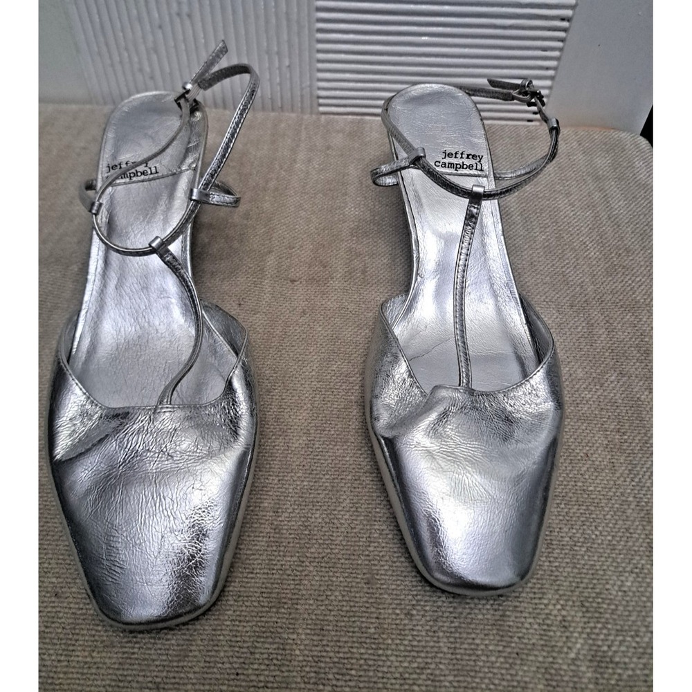 Jeffrey Campbell Size 8.5 Silver Chantall T-Strap Kitten Heels